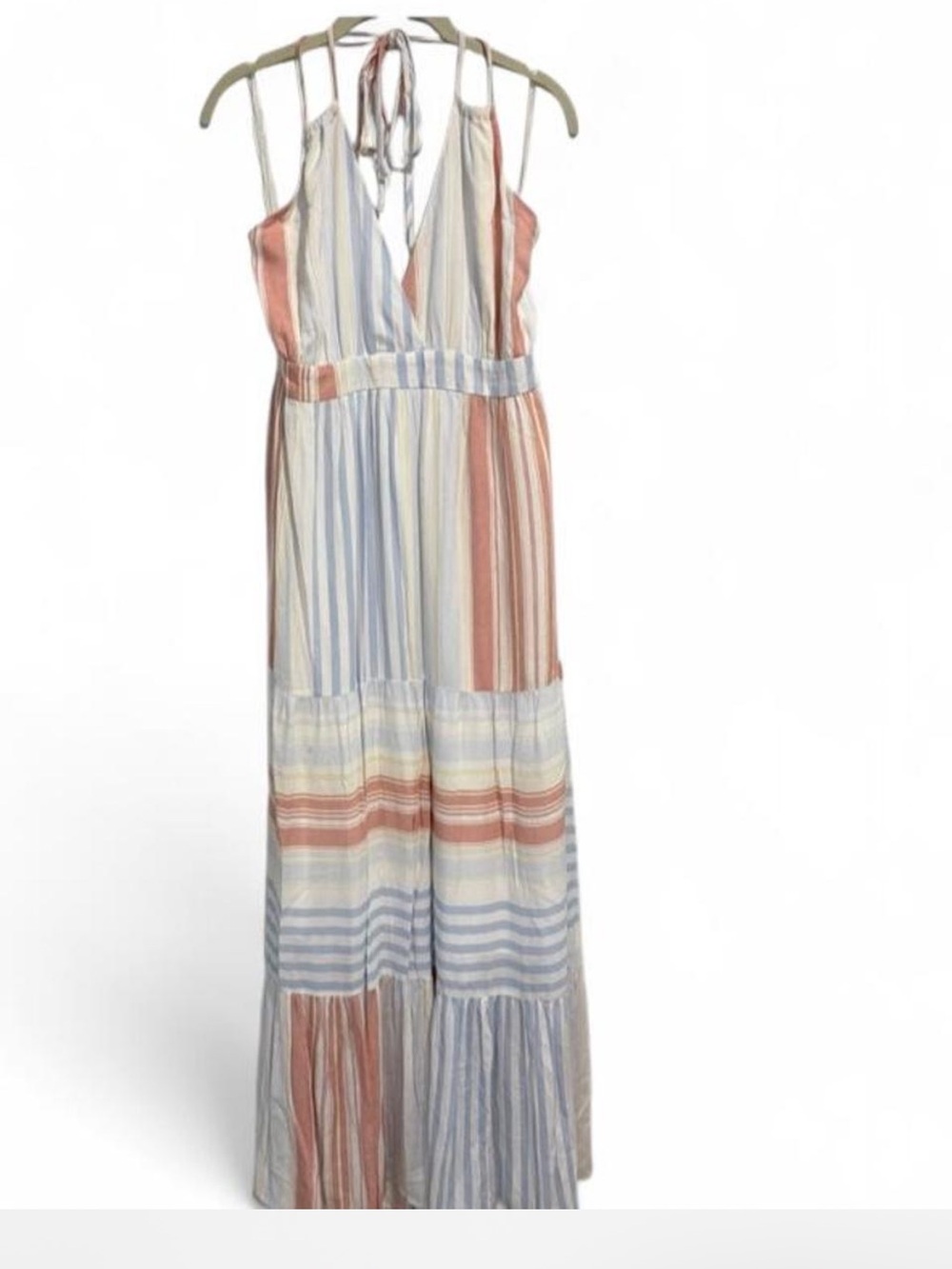Striped Pastel Maxi Dress in Blue, Coral & Cream